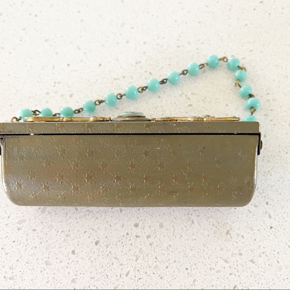 📸🎀Gorgeous Victorian Looking Lipstick Case Brass Starburst Beaded Chain Mirror - Picture 3 of 6